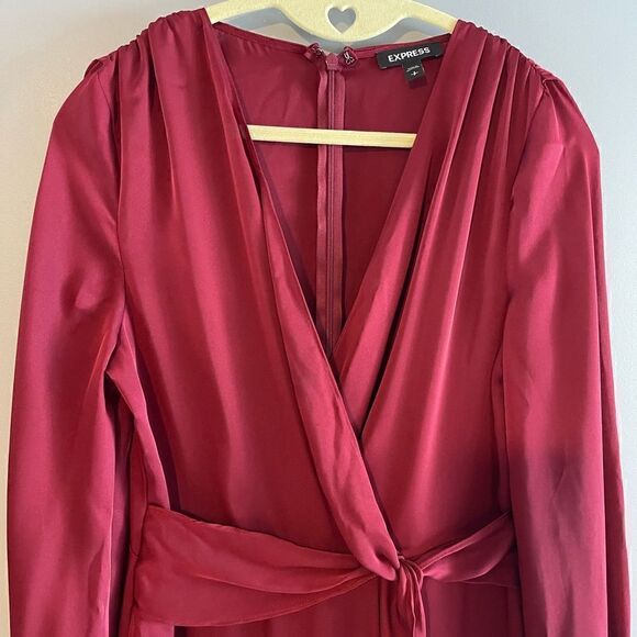 Express Burgundy Satin Long Sleeve Surplice Twist Front High Low Hem Midi Dress - Picture 10 of 17